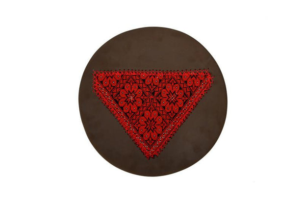 Large Brown Clay Plate, with a Triangular shaped Bedouin embroidered center